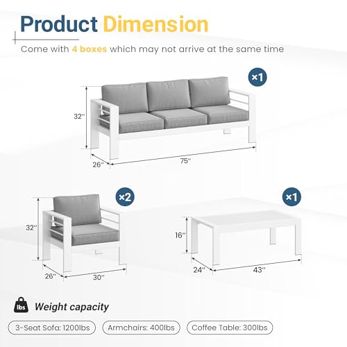Solaste Aluminum Patio Furniture Set for All Weather, Oversized Metal Outdoor Furniture Set with 27.5" Deep Seat and 3.2" Wide Armrest, Outdoor Patio Conversation Sets with 10" Back Cushion, White