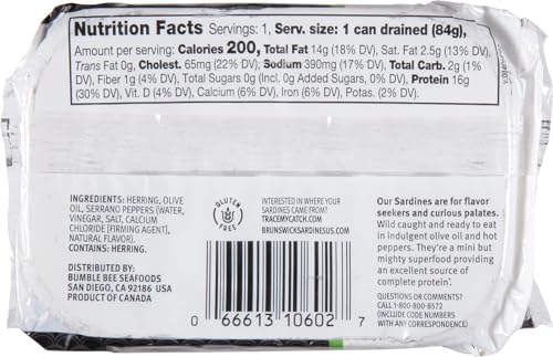 Image of Brunswick Sardines in Olive Oil with Hot Peppers, 3.75 oz Can (Pack of 12) - Boneless Butterflied Sardine Fillets - Wild Caught - 16g Protein per Serving - Gluten Free, Keto Friendly