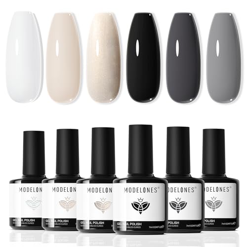 Image of modelones Gel Nail Polish Set Glitter Nude 6Colors Black White Milky White