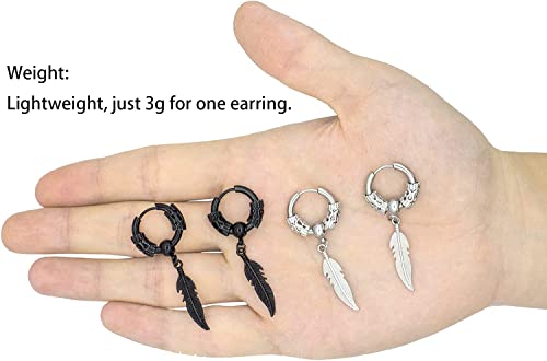 Wbs 2 Pairs Surgical Stainless Steel Huggie Hoop Dangle Earrings Mens 12Mm Vintage Feather Earrings Set Punk Viking Cool Hypoallergenic Kpop Earrings Set Black-Silver #TOP3