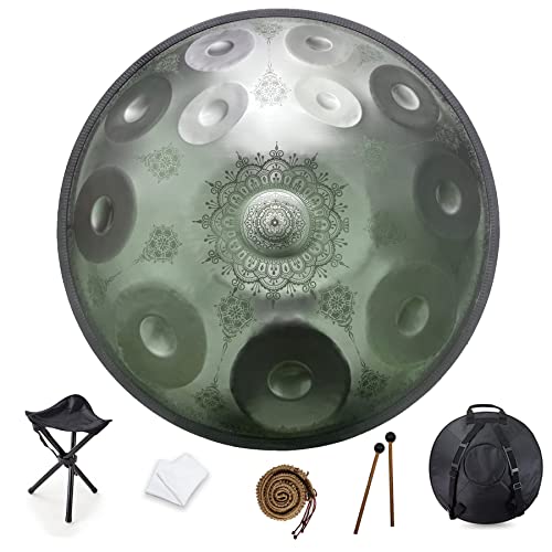 Handpan de 12 notas de 22 pulgadas, D-Menor 432 Hz Instrumento de percusión de tambor de acero, Mandala Rendimiento musical Instrumento musical curativo hecho a mano Regalo Plata (Mandala platead