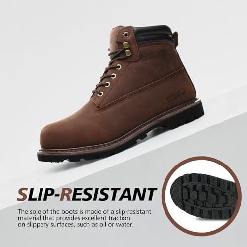 Image of Steel Toe Work Boots for Men, 6-Inch Non Slip Comfortable Leather Waterproof Industrial Construction Safety Workboots