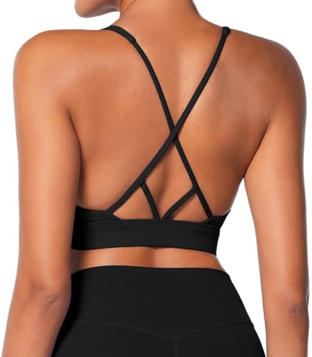 Sunzel V Neck Strappy Sports Bras for Women Criss Cross Back Halter Yoga Bra Removable Cups Padded Workout Running Gym Tops