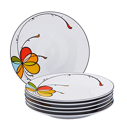 Minh Long I 6 Pieces Premium Porcelain Colorful Balloon Print Plates Set, Round Platters Serve Fine Dining Dish Main Course Breakfast Lunch Dinner Home Kitchen Tableware Dinnerware, White & Multicolor