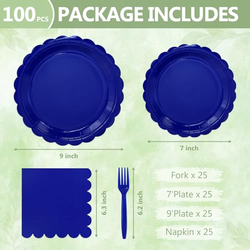 Image of 100 Royal Blue Paper Plates and Napkins Disposable for Party, 25-9 inch&25-7 inch