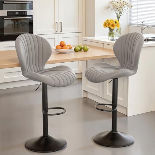 Butacos Giratorios Ajustables en Conjunto de 2, con Alto Respaldo y Tapizado en Tela, Fácil Montaje para Barra de Cocina o Isla, Butacos Cómodos para Barra Doméstica, Gris Claro miniatura 1