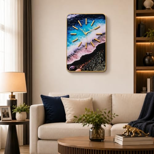 Image of Ocean Wave Wall Clock 18x12 Inch | Silent MDF Coastal Decor | Luxury Vastu Wall Clock with Golden Metal Markers | for Living Room, Bedroom & Office