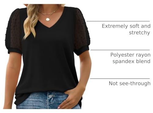 Image of Aokosor Womens Summer Tops V Neck T Shirts Swiss Dot Puff Sleeve Tops Loose Casual Tshirts