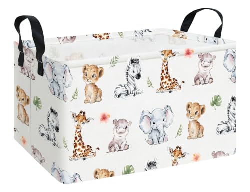 Image of Rectangular Safari Animal Laundry Storage Bin for Adults and Kids | Damp resistant canvas fabric, sturdy stitched carry handles, foldable design organizes closet and playroom daily supplies