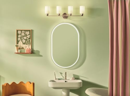Image of Kichler Gioe 4-Light Vanity Light Fixture with Opal Glass in Champagne Bronze, Wall Mounted Bathroom Light for Mirror, Damp Rated (32.25 inch x 10.5 inch x 6.75 inch), 55227CPZ