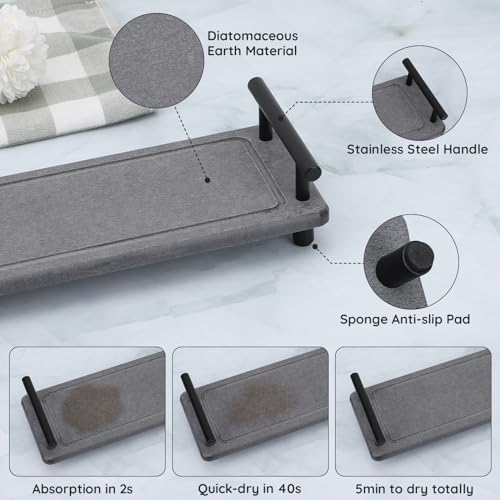 Image of Segbeauty 12x4in Stone Drying Tray for Bathroom Counter, Fast Drying Kitchen Sink Organizer Tray with Handle, Water Absorbent Diatomite Coasters Vanity Tray Soap Dispenser Organizer Rack Sponge Holder