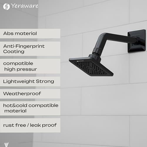 Image of YERAWAR Wall Mounted Overhead Shower Head | High Pressure Rain Shower | ABS Material Body | Anti-Clog Nozzles | Easy Install Bathroom Shower for Home & Hotel (Black, 6 X 6 Inch)