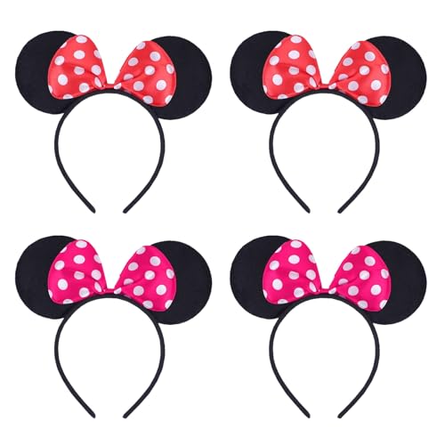EUPSIIU 4 Pcs Orejas de Ratón para Niños Orejas de Ratón de Dibujos Diadema con lazo de satén rojo lunares blancos Cosplay de Orejas Mouse Disfraz para Fiesta Carnaval Cumpleaños