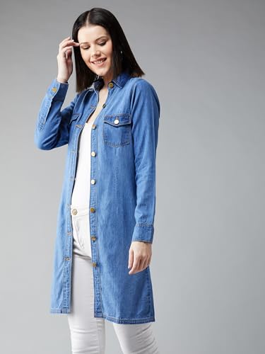 Image of Dolce Crudo Women's Polo Neck Full Sleeves Denim Knee-Long Shrug(DOSS24DEN95-07-115-02, Blue, XS)