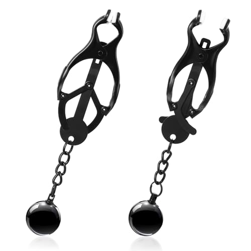 2 PCS Nipple Clamps with Metal Ball Weights, Black Nipple Clip Stainless Steel Pressure Nipples Clamps Non-Piercing Body Jewelry Couples Gifts