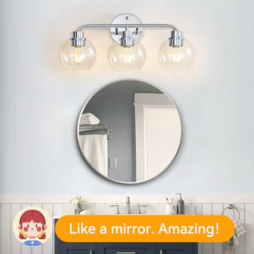 Image of Bathroom Light Fixtures Chrome Vanity Light Silver 3 Light Modern | Wall Sconces Lighting Bathroom Lights with Glass Shades Bath Wall Lights Wall Lamp for Mirror Kitchen Living Room Hallway
