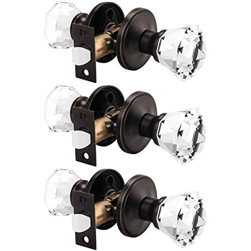 Orger Diamond Crystal Interior Passage Door Knobs, Non-Locking Door Handles for Hallway and Passage Door, Oil Rubbed Bronze Rosette with Faceted Glass Knobs, 3Pack