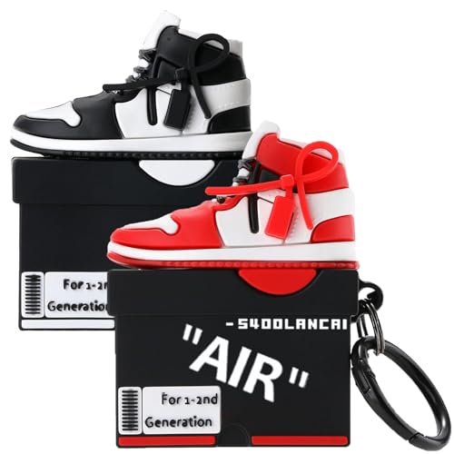 Image of [2Pack] Gedicht for Apple Airpods 2nd Generation Case Cover, Cute Cartoon Shoe Box Soft Silicone Protective Cases for AirPods 1&2 Case with Keychain for Women Men, Red+Black