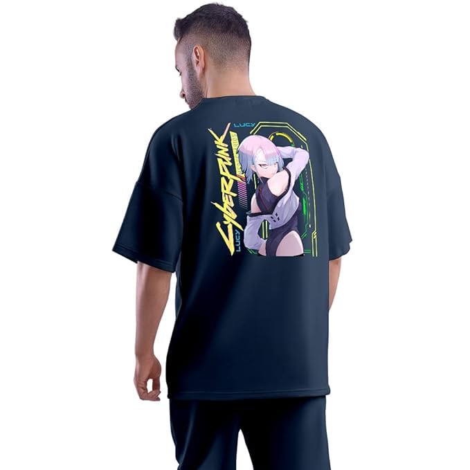Image of DUDEME Fuda : Cyberpunk Lucy Men & Women Cotton Anime Printed Oversized T-Shirt