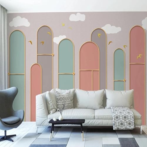 Papier peint oiseau et nuage géométrique PVC adhésif pour salon - 2