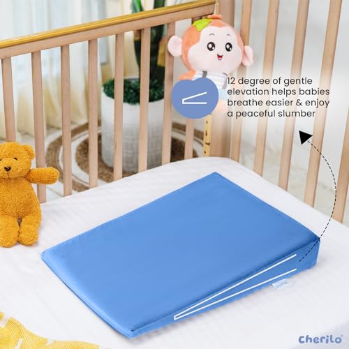 Image of Cherilo Standard Elevated Wedge Pillow for Baby Crib & Mattress, Helps to Elevate Baby for Acid Reflux, Colic, GERD, Heat Burn & Vomiting | 14 inch x 19 inch x 3.5 inch | - with Removable Velvet Cover - Sky Blue