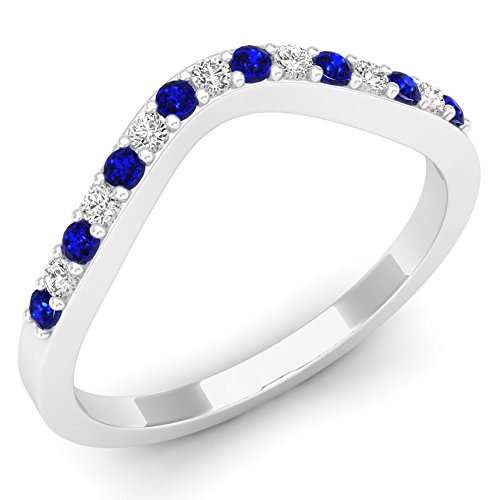 14K Solid Gold Round White Diamond & Blue Sapphire Wedding Stackable Anniversary Guard Chevron Band