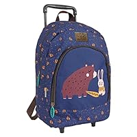 PERLETTI Carry On Backpack for Kids with Bear and Rabbit - Eco Backpack with Detachable Wheels School Kindergarten Travel - Blue Trolley with Front Pocket - 40x25x15 cm - Cool Kids (Bear and Rabbit)