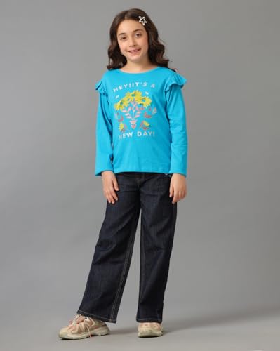 Image of Girls Cotton Tops Collection - Round Neck, Crop Top, Full & Half Sleeve, Drop Shoulder, Ruffle Sleeve, Graphic Printed, Embroidered & Slub Knit Styles, Soft Breathable Fabric for Kids Casual Wear