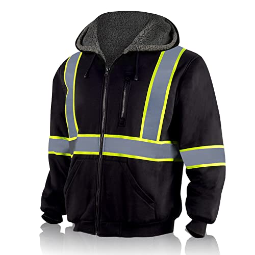 Sicalobo Men's High Visibility Fleece Lined Safety Hoodie,Reflective Winter Bomber Jacket,Hi Vis Construction Sweatshirt Workwear For Men(Black,Xl) #TOP28