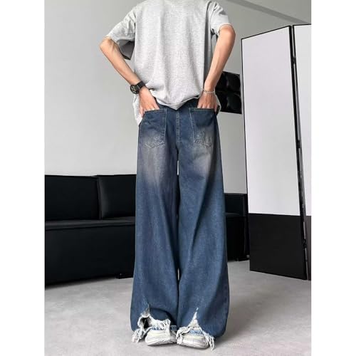 Men's Loose Fit Jeans Ripped Raw Edges Tassels Mid-Rise Wide-Leg Straight Casual Denim Pants with Pockets3
