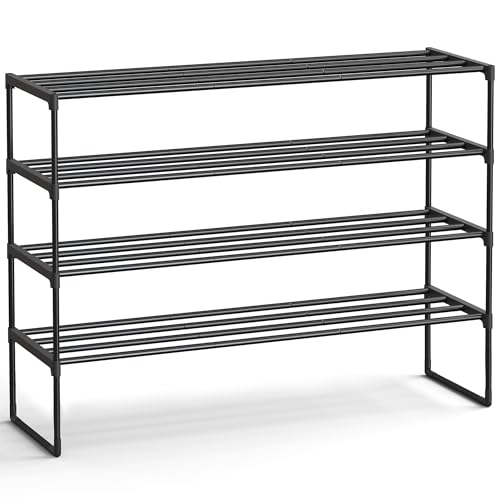 SONGMICS Shoe Rack, 4-Tier Shoe Organizer, Metal Storage Shelf, Upright or Upside Down, for 25-30 Pairs, Stackable, for Entryway, 11.8 x 46.1 x 29.5 Inches, Black ULSA034B01 Black 4 Tiers (4