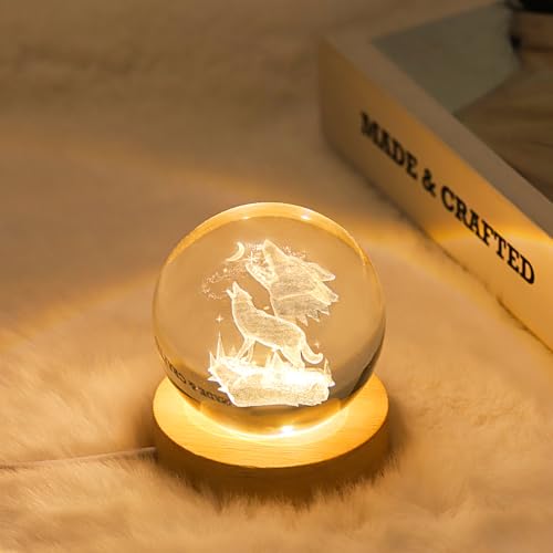 Image of 3D Wolf Crystal Ball Lamp with Dimmable LED and Wooden Base, Night Light for Kids Teens Adults, Home Desk Office Bedroom Decor, Birthday Gift (2.4 inch / 6cm)