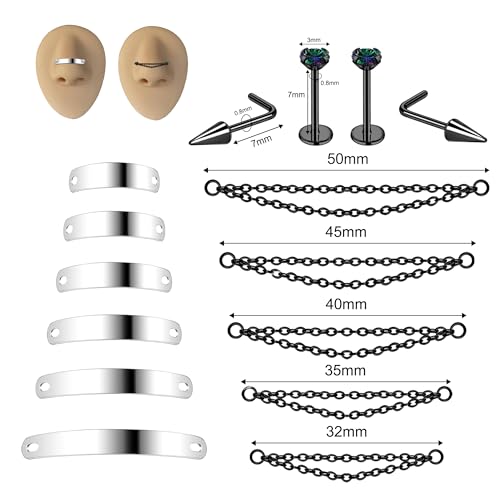 Nose Chain Spike Nose Rings Studs Surgical Steel Across Top Nose Piercing Jewelry Nostril Chain for Women Men Double Nose Piercing Nostril Bridge Jewelry, Black Silver2