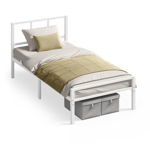 VASAGLE Cama Individual, 90 x 190 cm, Cabecero, Marco de Metal, Carga de 250 kg, Montaje Fácil, para Dormitorio, Blanco Mate RMB291W101