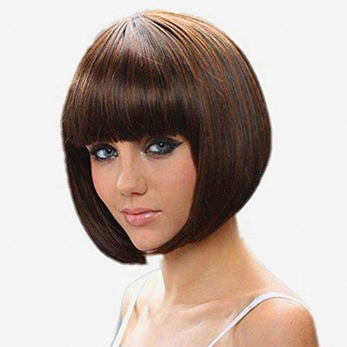 Bopocoko Brown Bob Wigs for Women Costume Short Straight Hair Wig with Bangs Natural Cute Synthetic Wigs for Party Halloween BU110BR