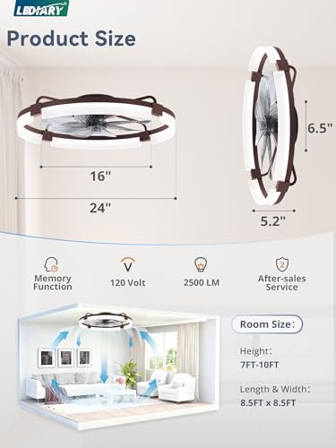Image of LEDIARY 24 inch Ceiling Fans with Lights and Remote, Modern Low Profile Ceiling Fan, 3 CCT, Stepless Dimmable, Fandelier Flush Mount Fan Light, 6 Speeds, DC Motor, App & Remote Control for Bedroom(Brown)