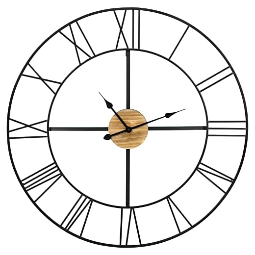 HOMCOM 36 Inch Large Wall Clock, Silent Non Ticking Wood Metal Farmhouse Roman Numeral Clocks for Living Room Decor, Battery Operated, Black