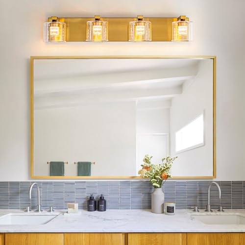 Image of foucasal LED Bathroom Vanity Lights, 5CCT Dimmable 2700K-4500K Vanity Light Fixtures Over Mirror, Modern Vanity Lighting for Bathroom Restroom Hallway Living Room (Brass, 4-Light)