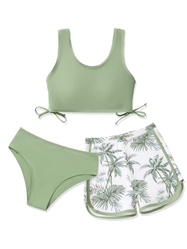 Image of Girl's 3 Piece Bikini Bathing Suit Printed Sport Swimsuits with Shorts Cove Up Sets Teen Girl's Swimwear