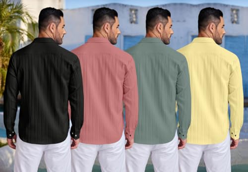 Image of FINIVO FASHION Combo of Men's Casual Cotton Plain Button Down Shirt Long Sleeve Textured Summer Beach Shirt for Men Pack of 4
