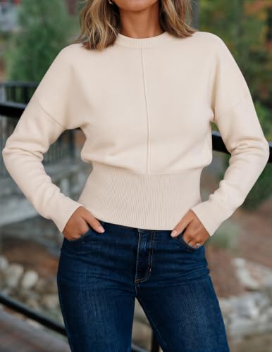 Image of ZESICA Women's Fall Sweaters Crewneck Cinched Waist Pullover Tops