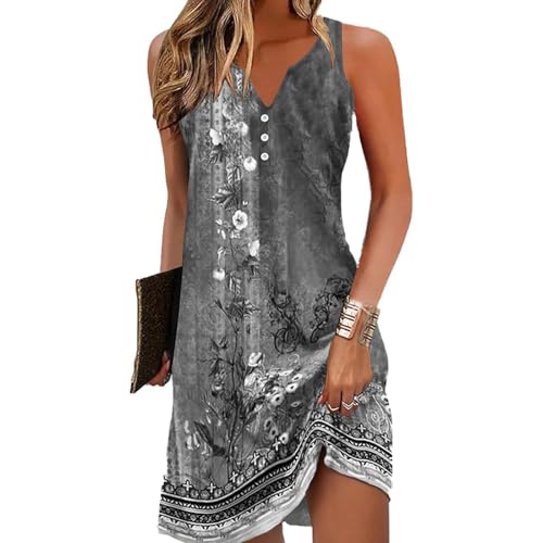 Yeenily Robe Décontractée à sans Manches Femme Col Rond Bohème Fleurie MiniRobe Robe Imprimé Lâche Court Robe(sans Manches-Gris,XL)