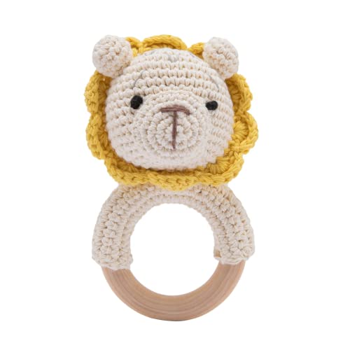 Image of Youuys Wooden Baby Rattle Toys, Easter Rattle for Baby Crochet Lion Rattle Toy Natural Wood, Shaker Rattle for Hand Grips, Boy Girl First Rattle Gift, Newborn Gifts (Lion)
