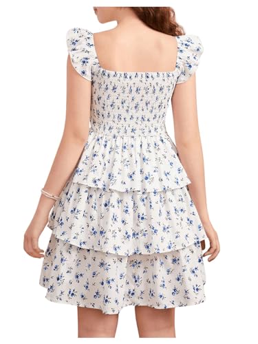 Girl's Floral Summer Dress Ruffle Shirred High Waist Ruched Sweetheart A Line Spring Dress Solid White 14Y2