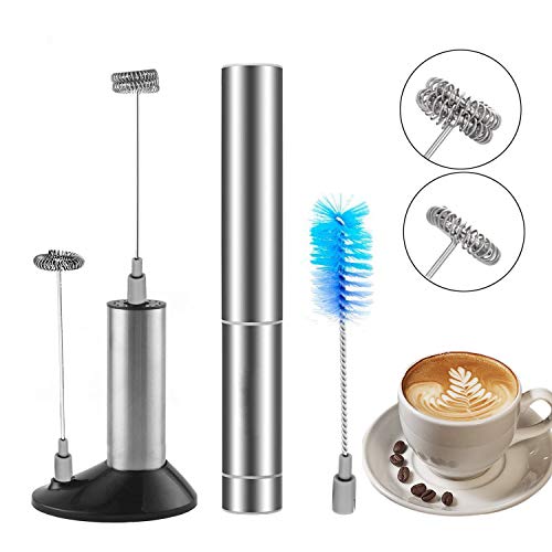 Electric Milk Frother, Handheld Foam Maker, Battery Operated Whisk, Powerful Stainless Steel Foam Maker Beater with Double and Single Spring Whisk Head, Cleaning Brush, Storage Tube and Storage Stand