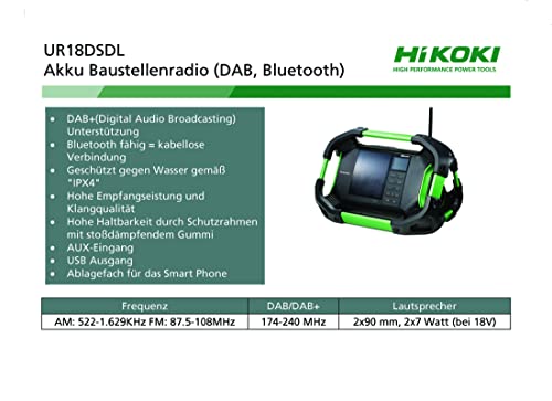 HiKOKI Akku-Baustellenradio UR18DSDL (Bluetooth, DAB+, USB, Wassergeschützt, AUX, Hohe Empfangsleistung und… - Image 4