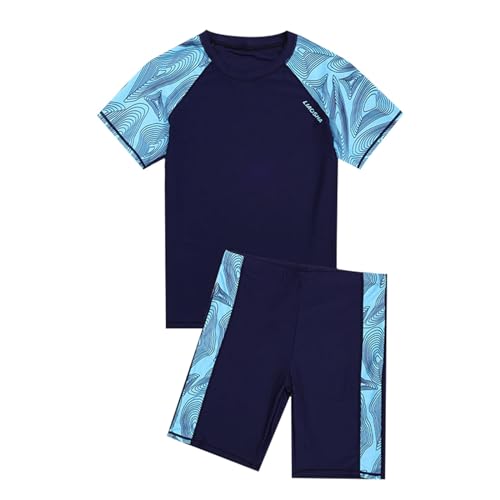 Jungen Zweiteiliger Badeanzug Schwimmset UV Schutz Badebekleidung Teenager Jungen Kinder Schnelltrocknende Badeset Sport Schwimmanzug 2 Teilig Bademode mit Schwimmshirt Badeshorts Schutzkleidung