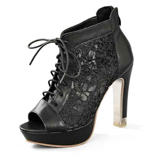 black lace peep-toe platform ankle boots