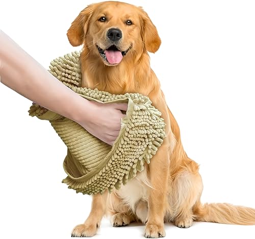 Muddy Mat Doggy Dryer, Highly Absorbent Microfiber Washable Dog Shammy Quick Drying Towel Absorber - Extra Soft Plush Wrap Chenille Bath Towels to Dry Soggy Large Pets & Small Puppy-Beige 15"x38"