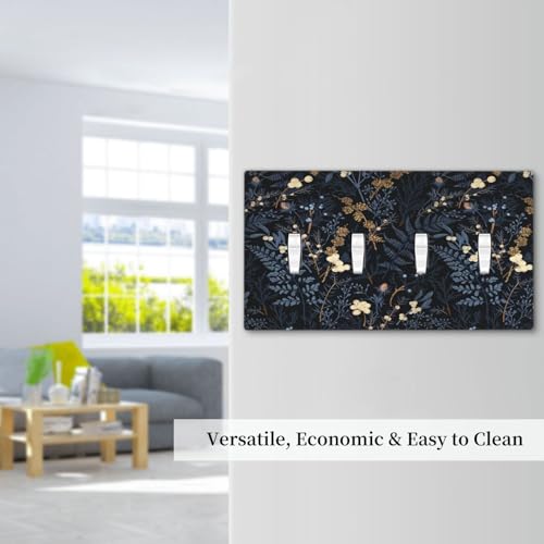Decorative Switch Plate Covers Rustic Navy Dark Blue Leaves Golden Floral 4 Gang Light Switch Cover Plate Quad Toggle Wall Plate Light Switch Covers for Bedroom Home Decor